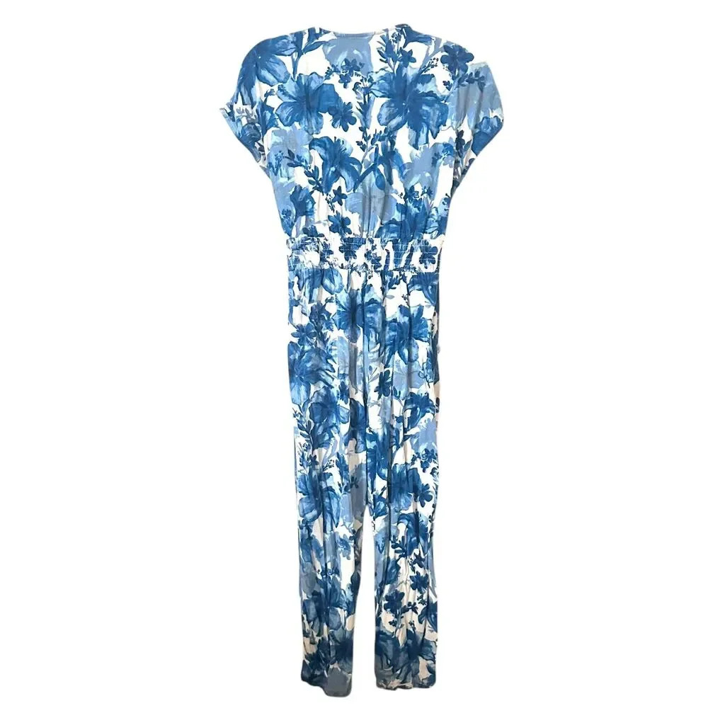 ZARA Floral Tie Front Linen‎ Blend Jumpsuit Blue Small